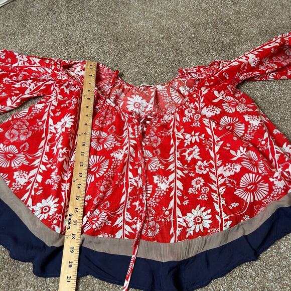 Double Zero blouse top flowy cold shoulder red/blue Hawaiian SZ SM 100% cotton - Picture 7 of 8